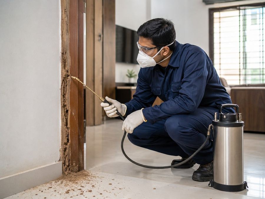 Technicien en tenue de protection traitant une plinthe