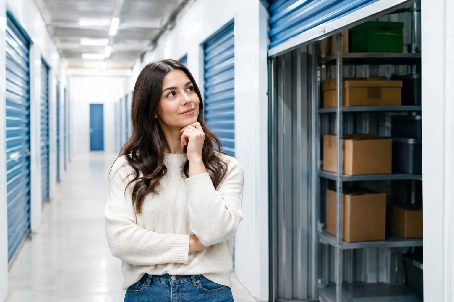 Femme réfléchissant devant un box de stockage ouvert rempli de cartons empilés sur étagères