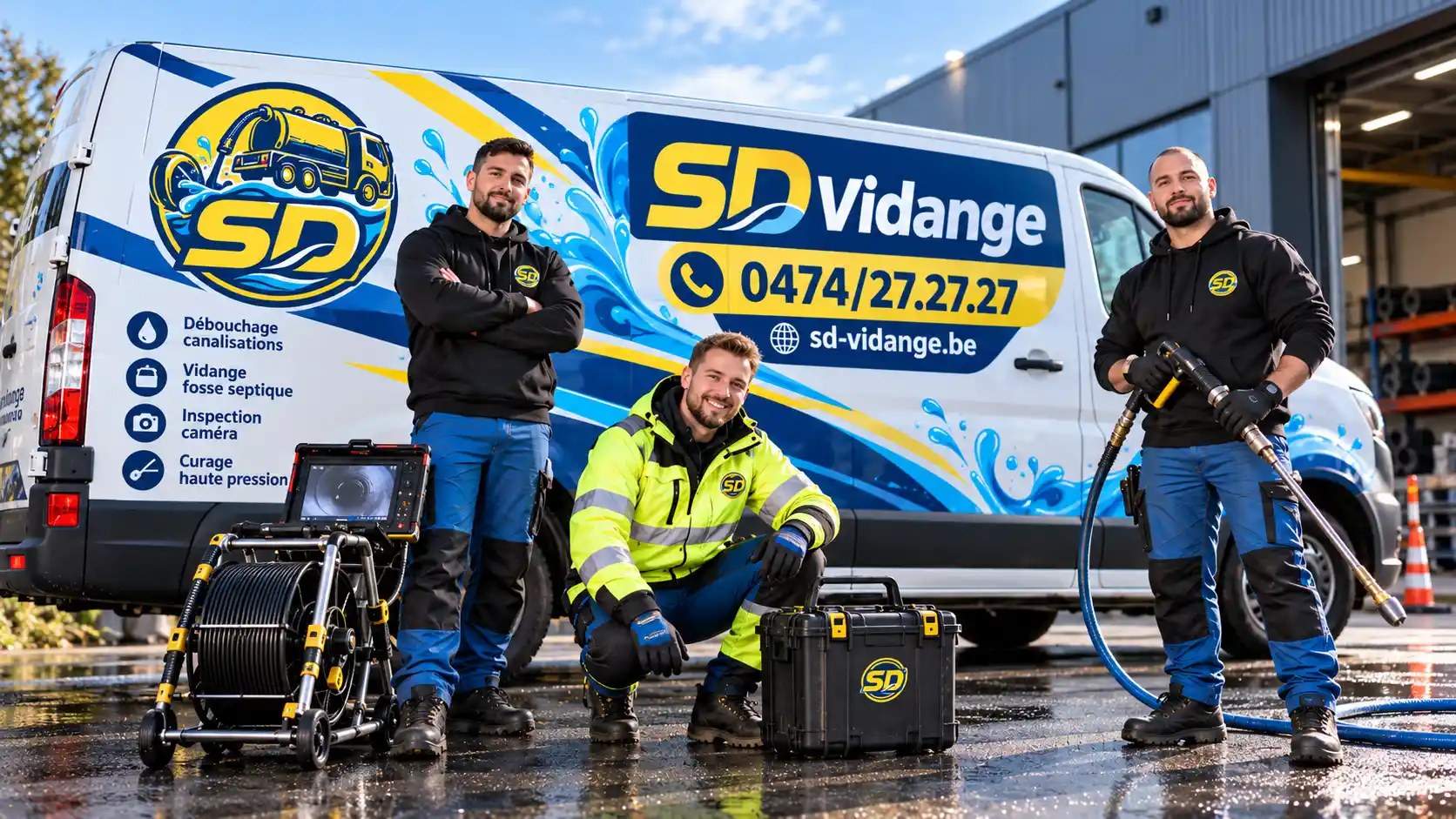 Trois techniciens SD Vidange posent avec caméra d'inspection et matériel de débouchage